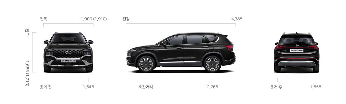 투싼 싼타페, 싼타페 하이브리즈 제원 크기 비교